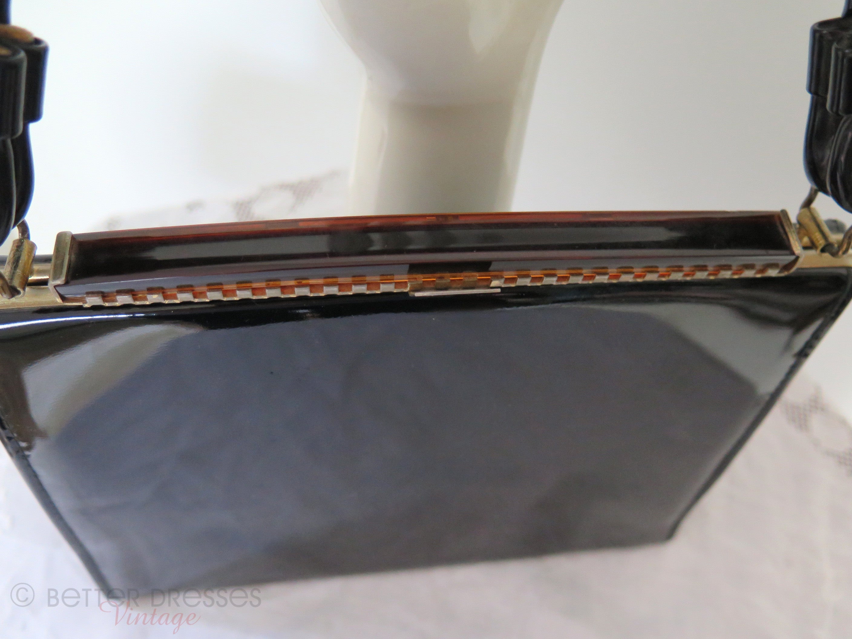 50s 60s Black Patent Frame Bag - Vegan Vintage Purse
