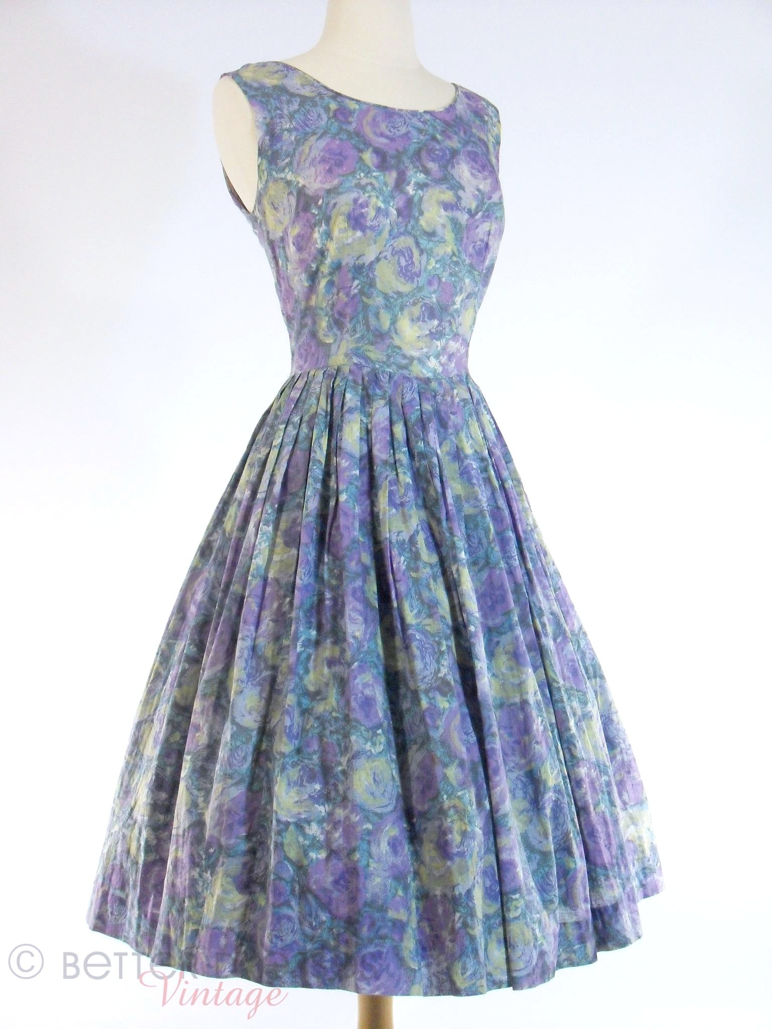 Vintage 50s 60s Day or Party Dress Pleated in Purple Floral Voile - sm Better Dresses Vintage Vintage 50s 60s Day or Party Dress Pleated in Purple Floral Voile - sm Better Dresses Vintage