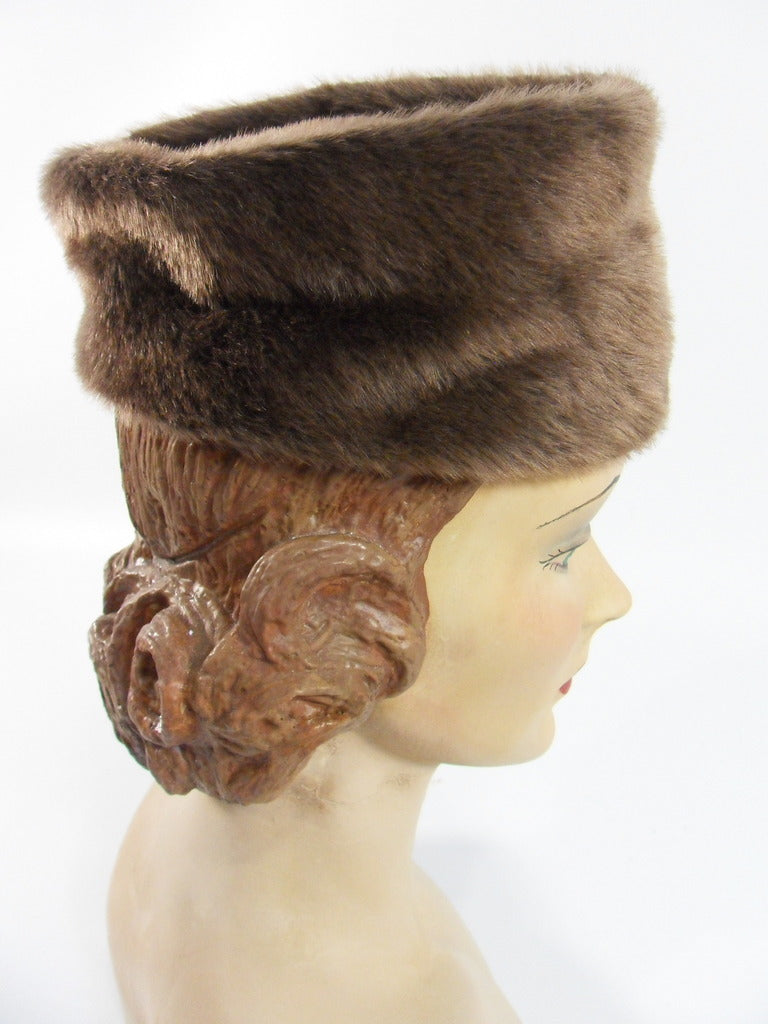 60s Brown Faux Fur Pillbox Hat by Pierpont