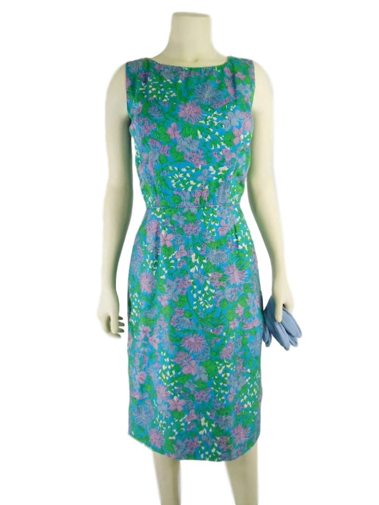 50s/60s Sheath Dress in Blue Green Purple Floral