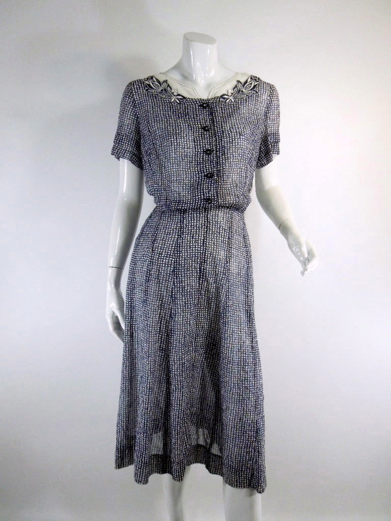 Vintage 1940s 1950 Day Dress Navy White Cotton Voile by Nelly Don – Better Dresses Vintage