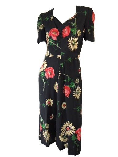 40s Black Crepe Floral Dress With Sequins