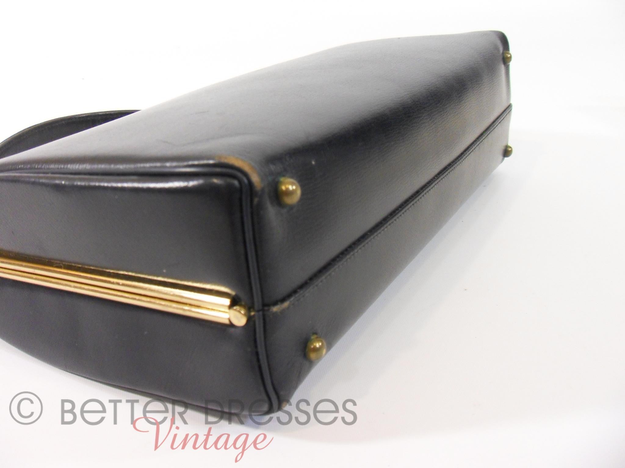 Vintage 50s 60s Leather Frame Purse Handbag Black With Original