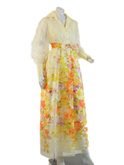 Robe longue florale à manches longues des années 70