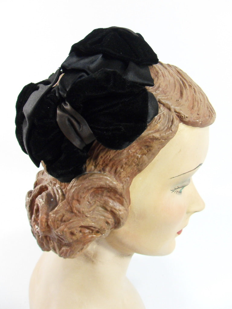 50s Black Velvet and Satin Cocktail Hat