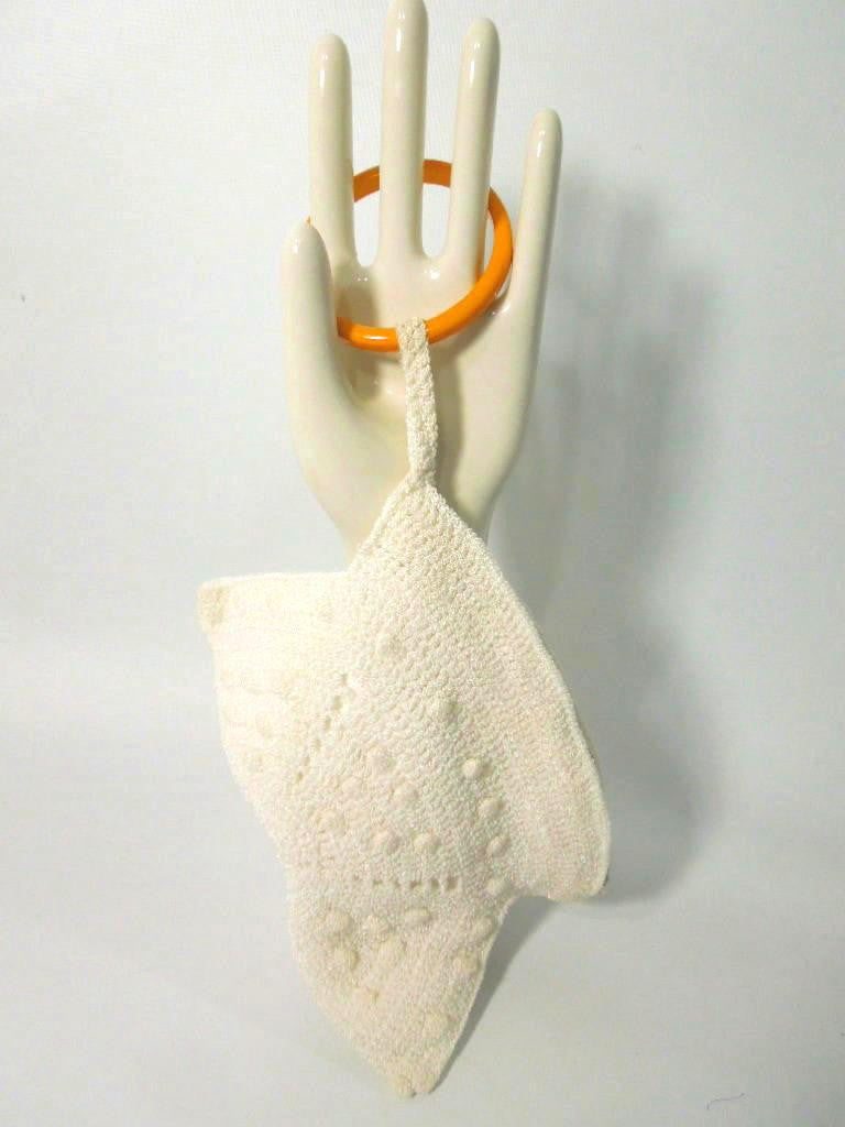 30s Crochet Purse With Butterscotch Bakelite Bangle Bracelet Handle at Better Dresses Vintage.