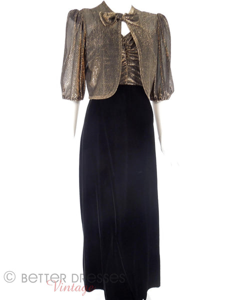 70s Black Velvet & Gold Metallic Gown - full view