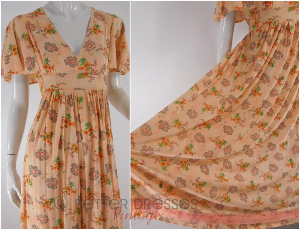 Vintage 70s Peach Floral Flutter Sleeve Maxi Dress sm Better