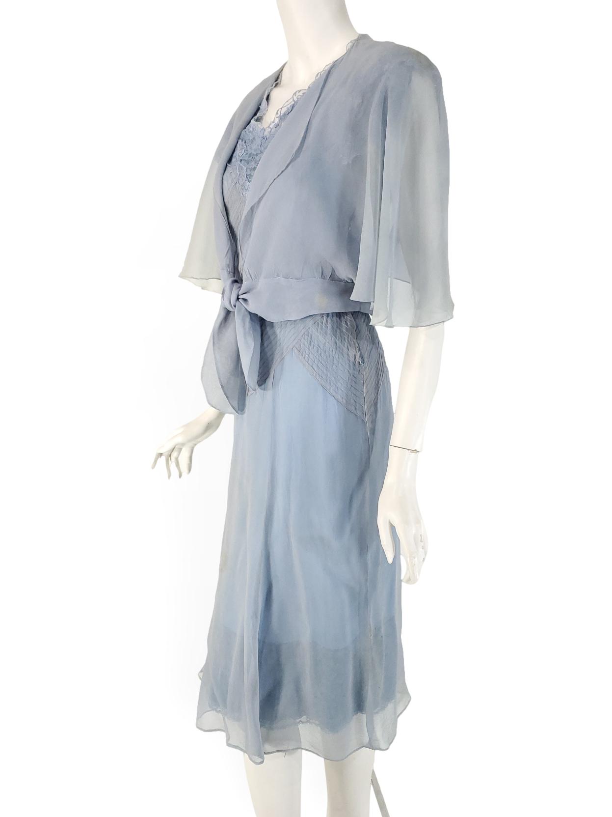 30s Dress, Belt & Bolero Set in Light Blue Silk Chiffon - xs, sm Better Dresses Vintage 30s Dress, Belt & Bolero Set in Light Blue Silk Chiffon - xs, sm Better Dresses Vintage