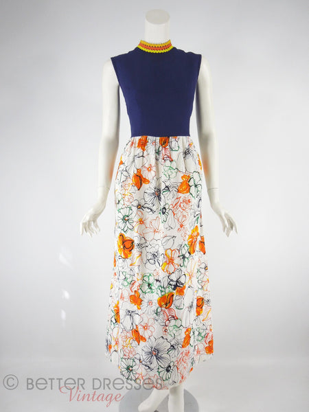70s Navy & Floral Cotton Maxi Dress - front