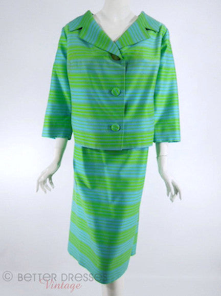 Vtg 60s Blue & Green Striped Skirt Suit - front