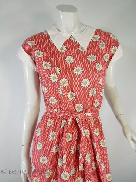 Soviet-era red daisy print day dress at Better Dresses Vintage. Close view.