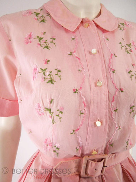 50s/60s Embroidered Pink Cotton Shirtwaist