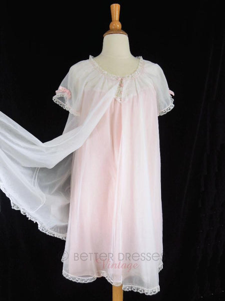 60s/70s Double Nylon Peignoir Set in Pink