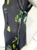 1930s to 40s black rayon day dress with yellow and green roses at Better Dresses Vintage. Left side view with zip.