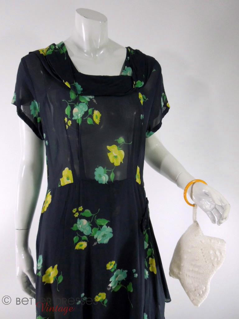 Vintage 1930s 30s 1940s 40s Day Dress Black Rayon Floral Blue Green Yellow Roses - med Better Dresses Vintage Vintage 1930s 30s 1940s 40s Day Dress Black Rayon Floral Blue Green Yellow Roses - med Better Dresses Vintage