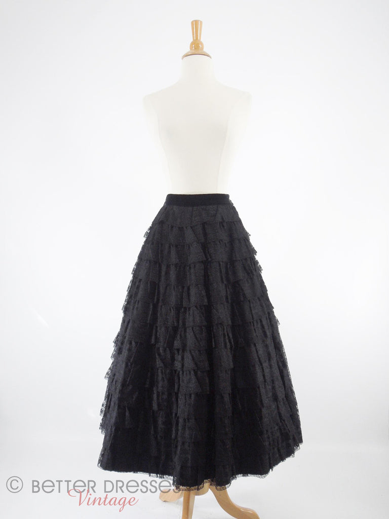 40s/50s Black Lace Full Skirt - front with crinoline