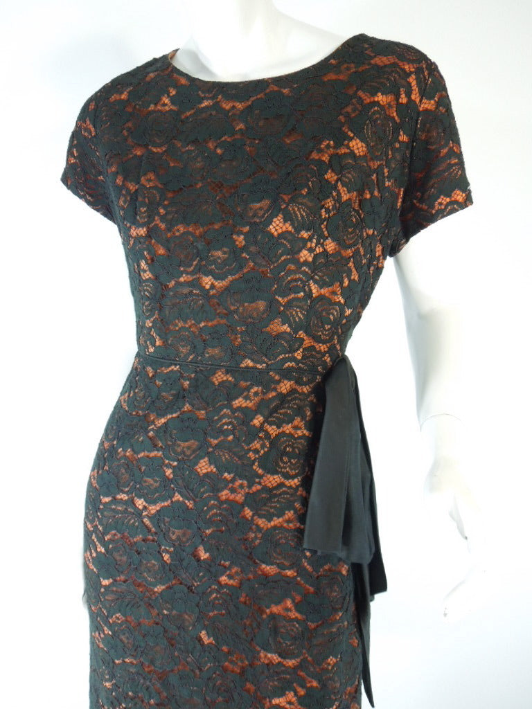 50s/60s Black Lace Over Orange Wiggle Dress