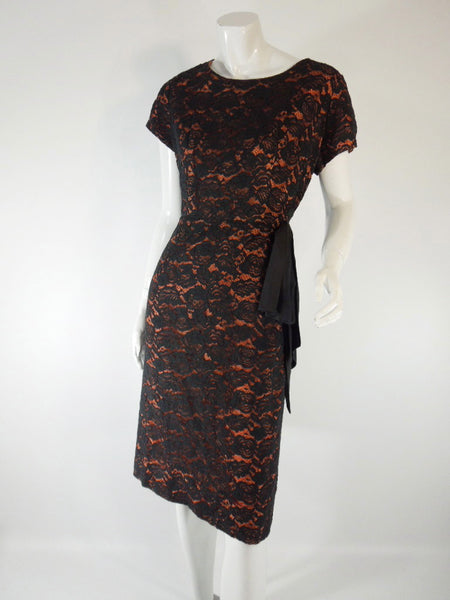 50s/60s Black Lace Over Orange Wiggle Dress