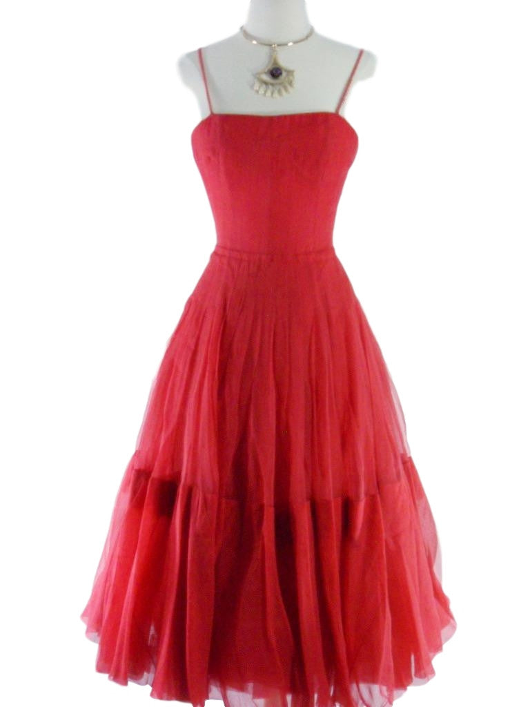 40s Red Silk Chiffon Party Dress