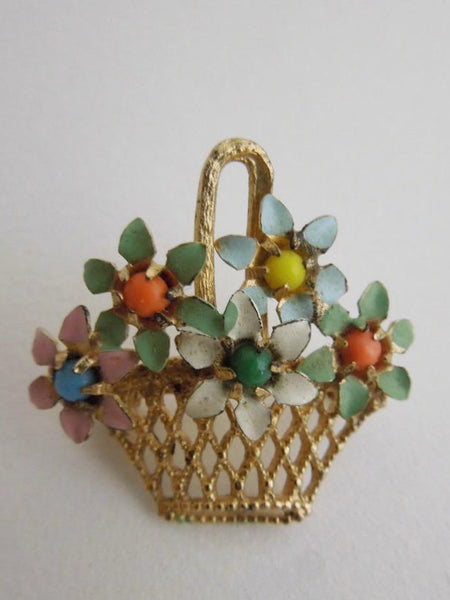 Vintage Brooch Enameled Filigree Flower Basket 