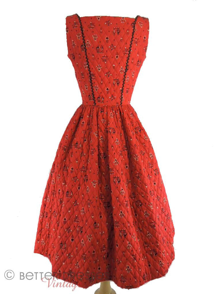 Vintage 50s Dress Dirndl in Red Quilted Alpine Print by Serbin Swiss-Ette Better Dresses Vintage Vintage 50s Dress Dirndl in Red Quilted Alpine Print by Serbin Swiss-Ette Better Dresses Vintage