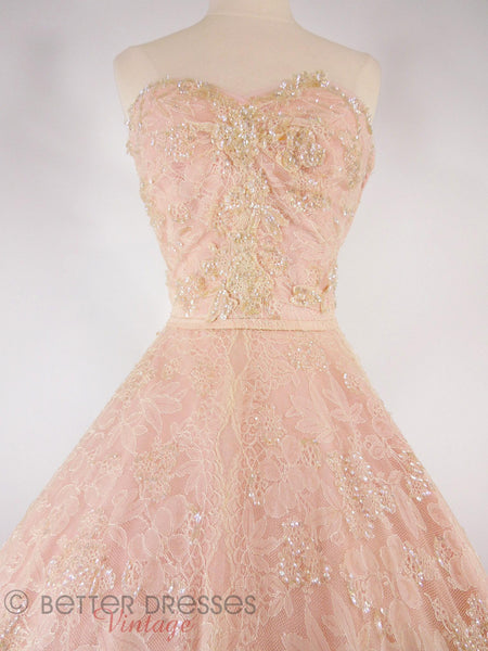 40s/50s Pink Chantilly Ball Gown - close view with hoop