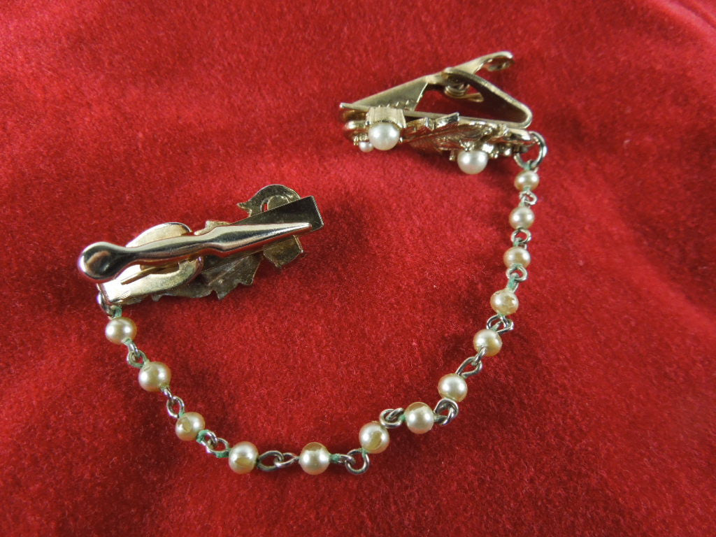 Vintage 50s Sweater Cardigan Clips in Gold and Faux Pearl Like Emma Pillsbury Better Dresses Vintage