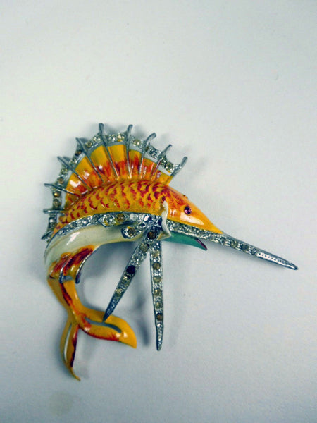 40s Boucher Enameled Sailfish Brooch Book Piece