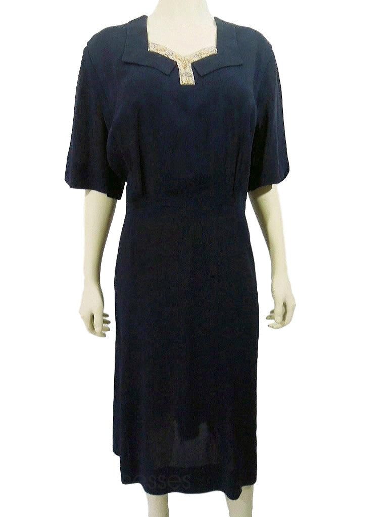 Vintage 1940s 40s Navy Blue Rayon Crepe Day Dress by Herbert Levy - large, plus size Better Dresses Vintage Vintage 1940s 40s Navy Blue Rayon Crepe Day Dress by Herbert Levy - large, plus size Better Dresses Vintage