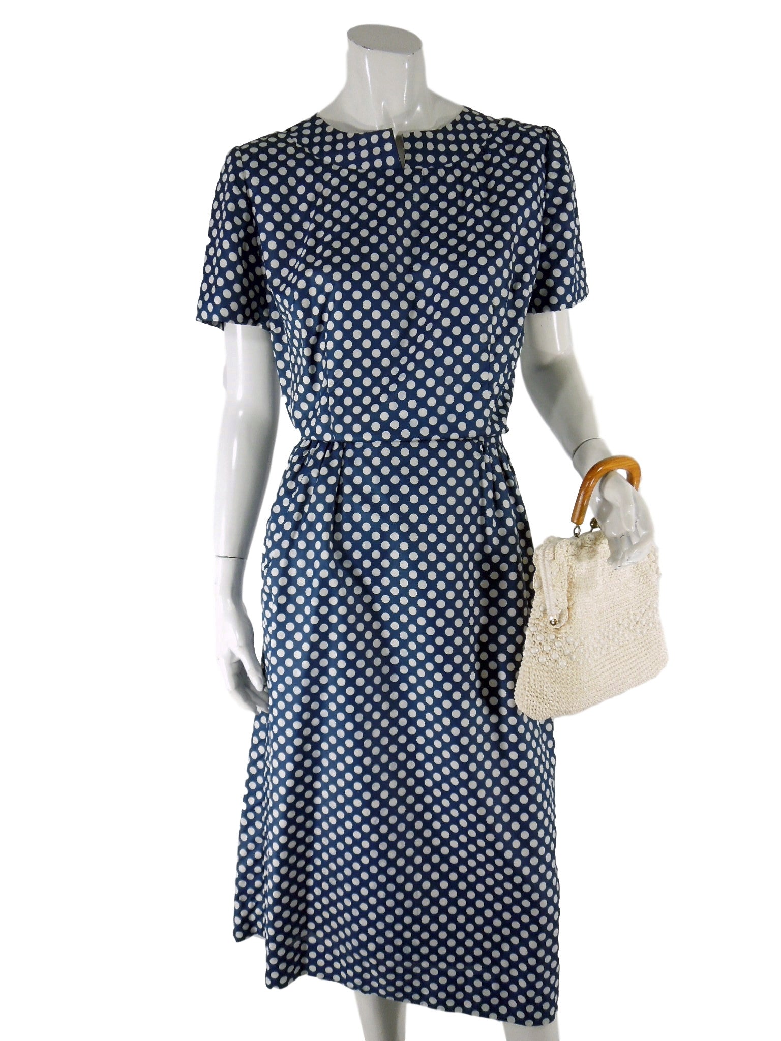 Vintage 50s 60s short sleeve navy silk dress with white polka dots - medium Better Dresses Vintage Vintage 50s 60s short sleeve navy silk dress with white polka dots - medium Better Dresses Vintage
