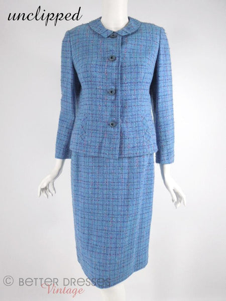 60s Blue Plaid Boucle Tweed Skirt Suit