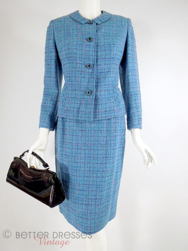 Costume jupe en tweed à carreaux bleus des années 60