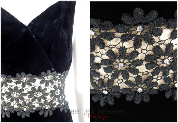 1960s Black Velvet Gown With Lace Waist Inset - details