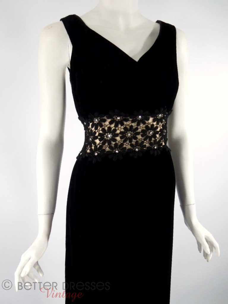 1960s Black Velvet Gown With Lace Waist Inset