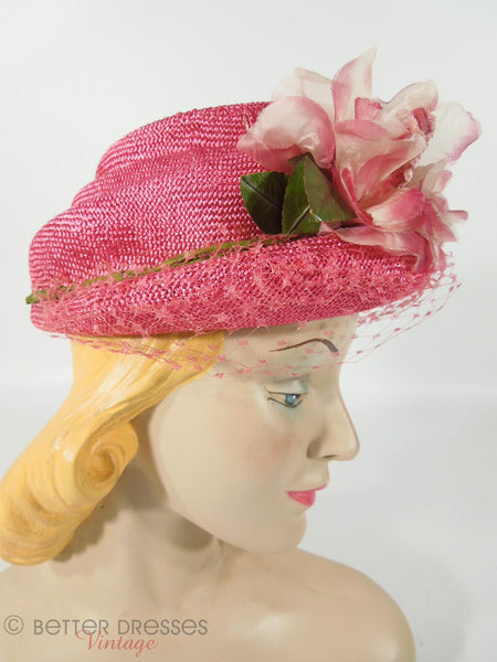 Chapeau de Paille Rose Fuchsia Années 50