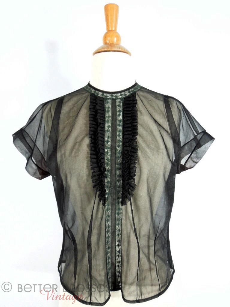 50s Black Nylon Ruffle Front Sheet Blouse at Better Dresses Vintage