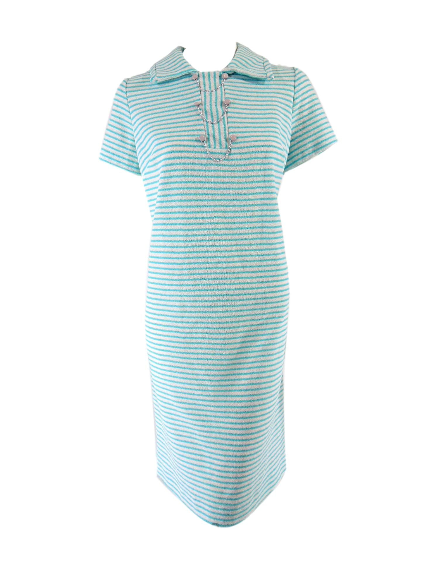 Vtg 60s Shift Dress in Aqua Blue Stripes lg Better Dresses Vintage