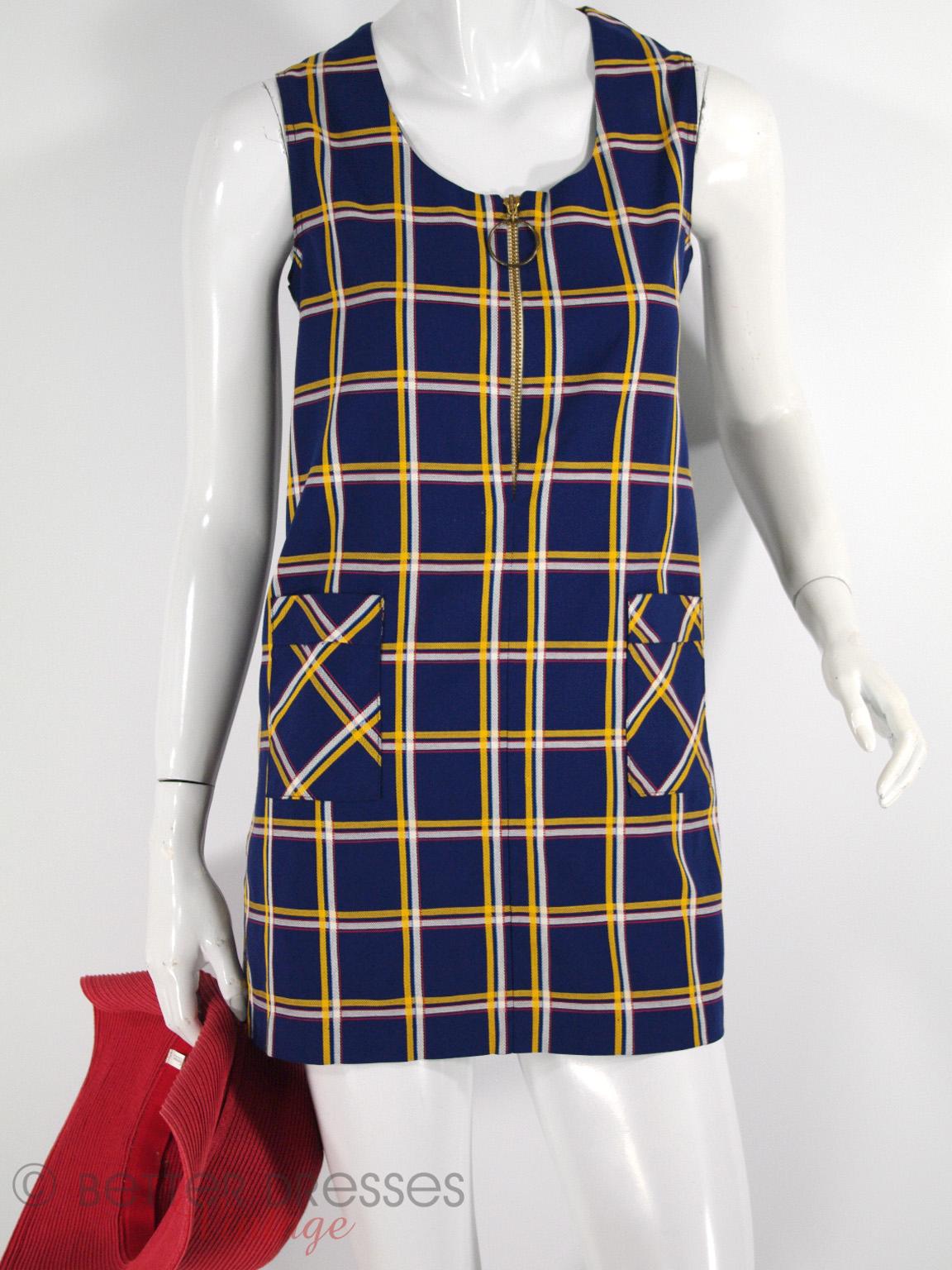 60s 70s Mod Mini Dress in Navy Plaid Better Dresses Vintage