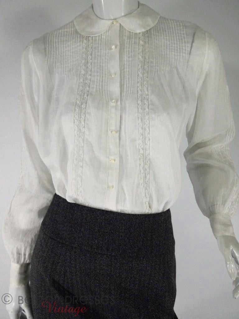 40s long-sleeve pintucked blouse at Better Dresses Vintage. tucked into pencil skirt, closer.