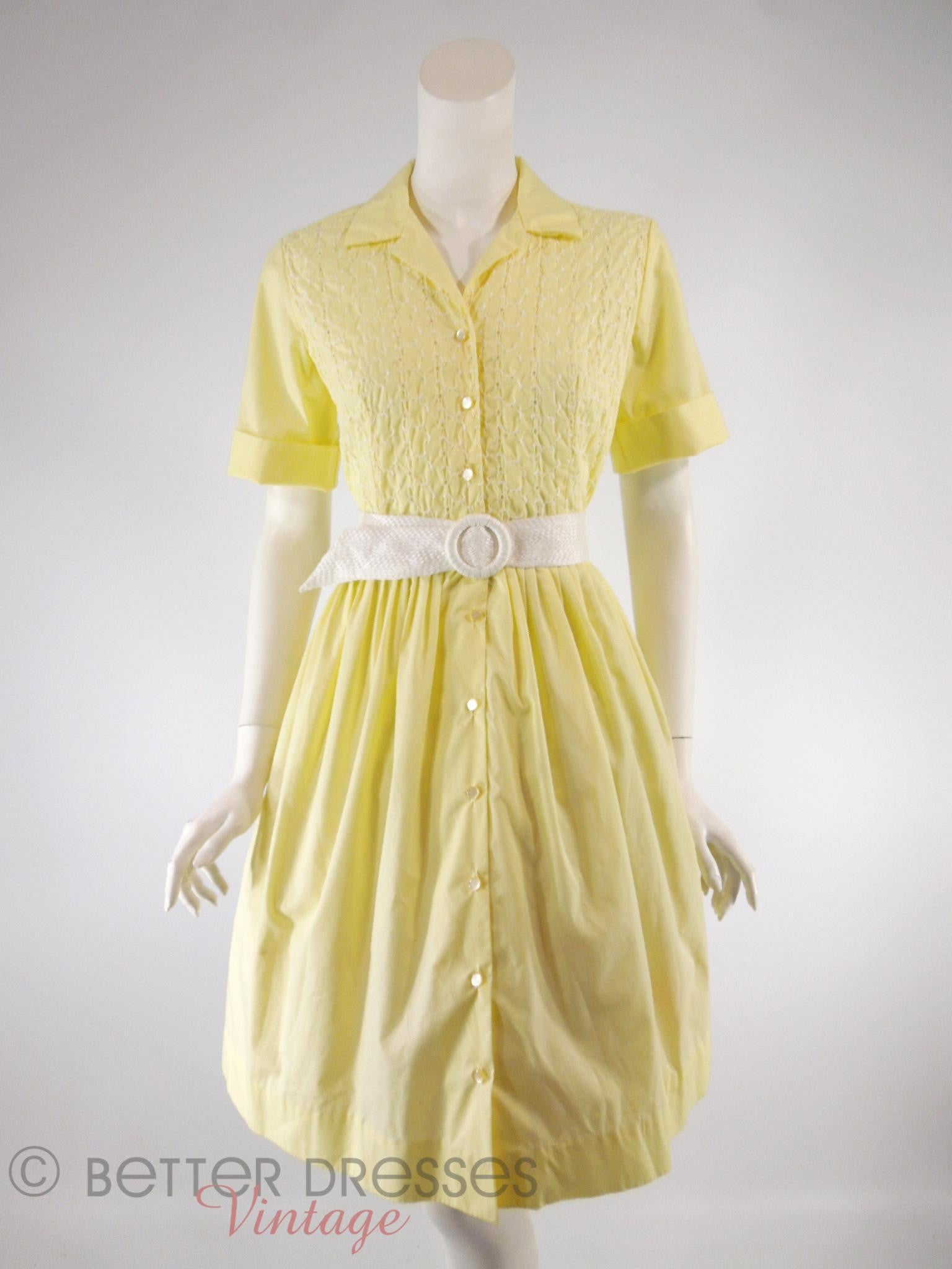Vintage 1960s Yellow Shirtwaist Dress With White Eyelet Embroidery - sm Better Dresses Vintage Vintage 1960s Yellow Shirtwaist Dress With White Eyelet Embroidery - sm Better Dresses Vintage