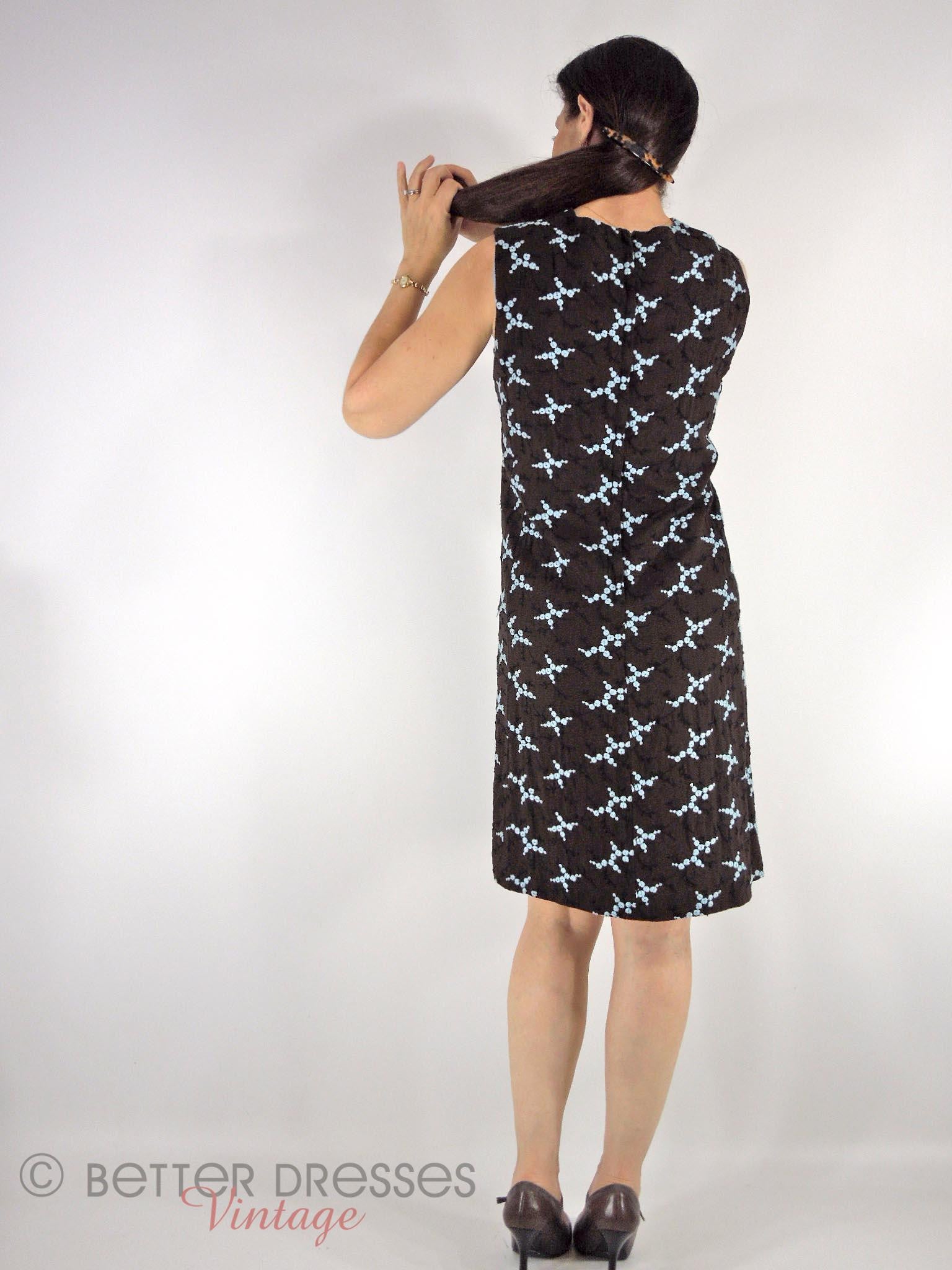 Vintage 60s Embroidered Shift Dress in Light Blue on Brown - med, lg Better Dresses Vintage Vintage 60s Embroidered Shift Dress in Light Blue on Brown - med, lg Better Dresses Vintage