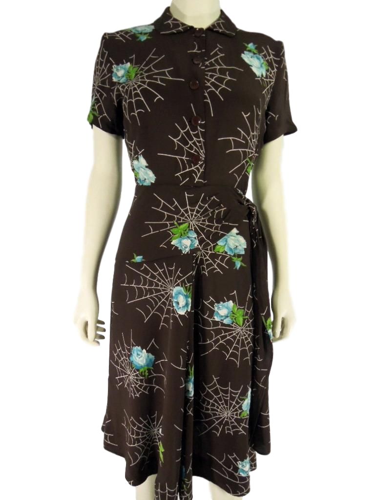 40s Brown Rayon Spider Webs & Roses Dress Better Dresses Vintage 40s Brown Rayon Spider Webs & Roses Dress Better Dresses Vintage