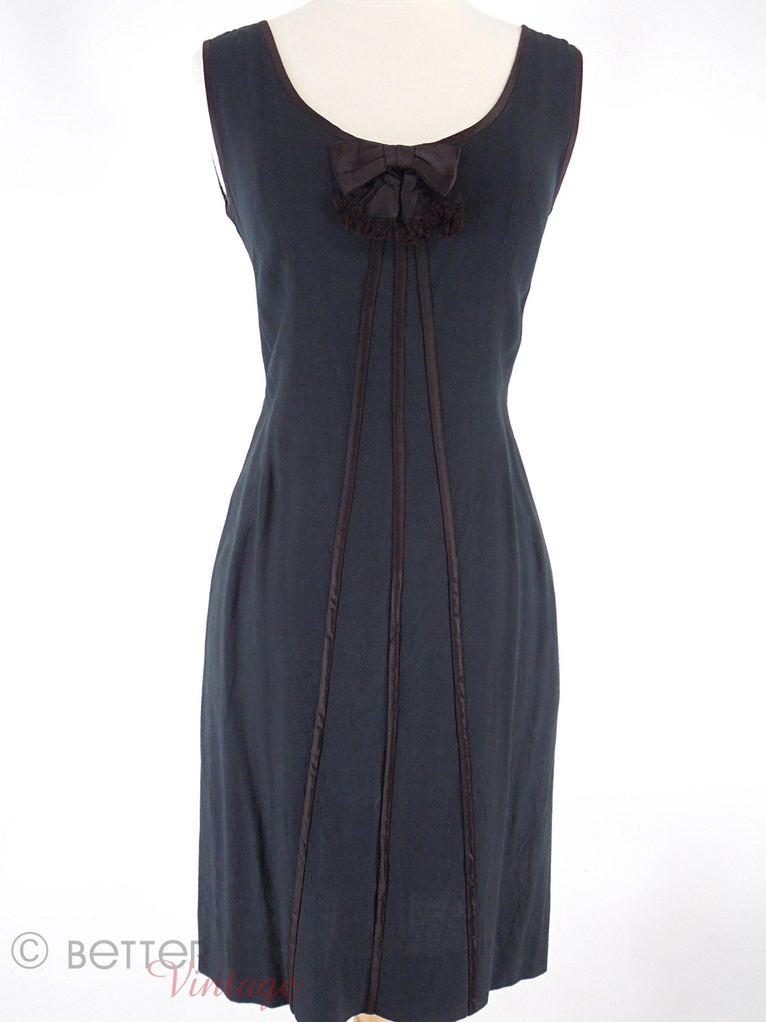 60s Black Satin Trimmed Shift Dress - sm 60s Black Satin Trimmed Shift Dress - sm