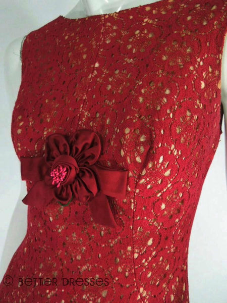 Cranberry red lace cocktail dress at Better Dresses Vintage. Seam detail.
