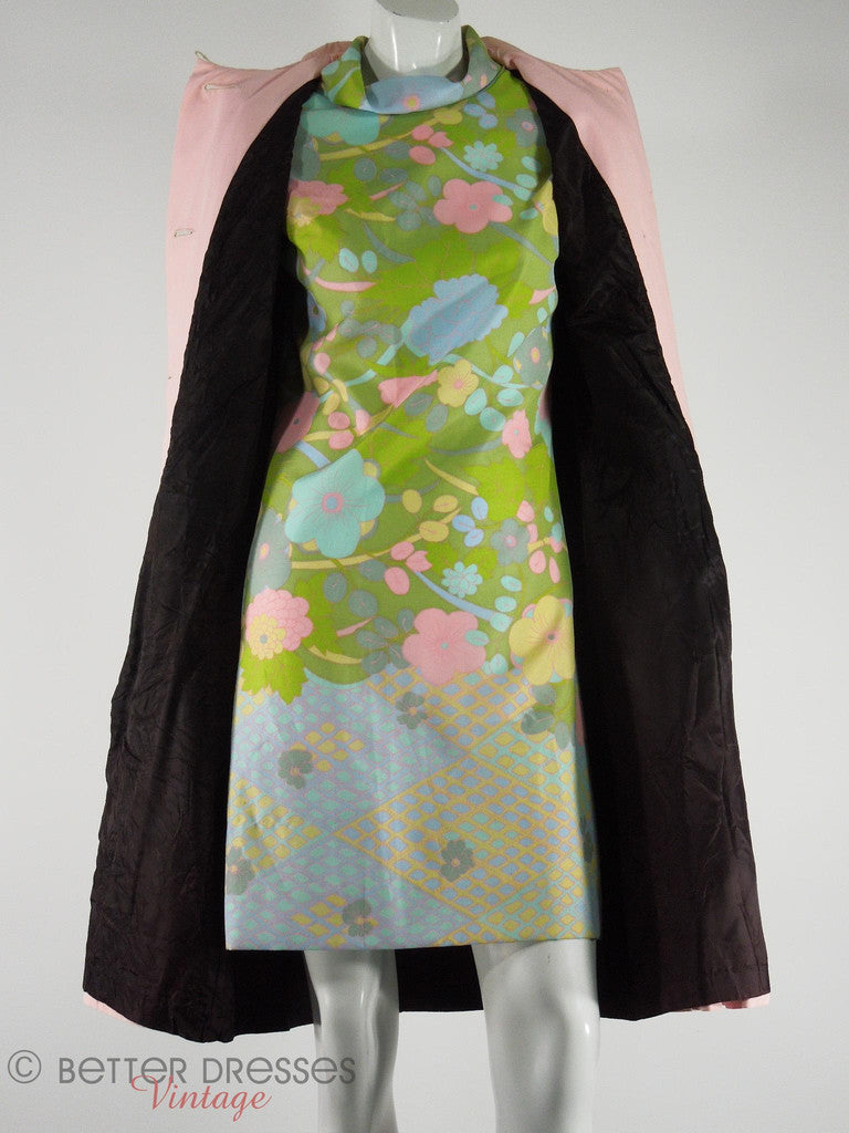 60s Bright Green Floral Hi-Neck Shift by Peck & Peck at Better Dresses Vintage. Shown under 1960s Lanson all-Weather Coat.