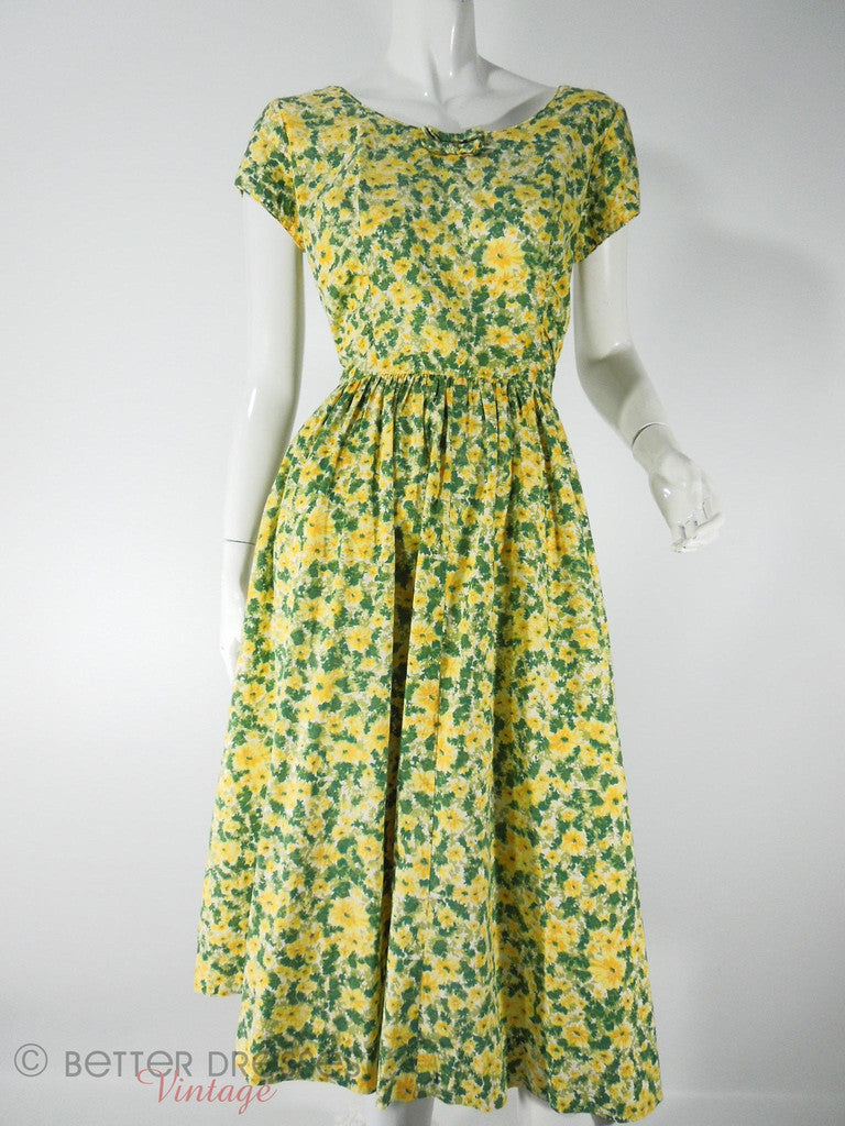 cotton dresses vintage Vintage 1950s 50s Circle Skirt Day Dress Cotton Floral Yellow and Green