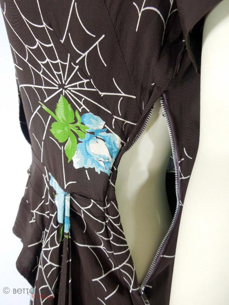 40s Brown Rayon Spider Webs & Roses Dress Better Dresses Vintage 40s Brown Rayon Spider Webs & Roses Dress Better Dresses Vintage