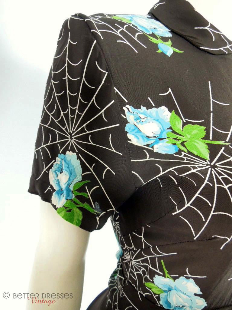 40s Brown Rayon Spider Webs & Roses Dress Better Dresses Vintage 40s Brown Rayon Spider Webs & Roses Dress Better Dresses Vintage