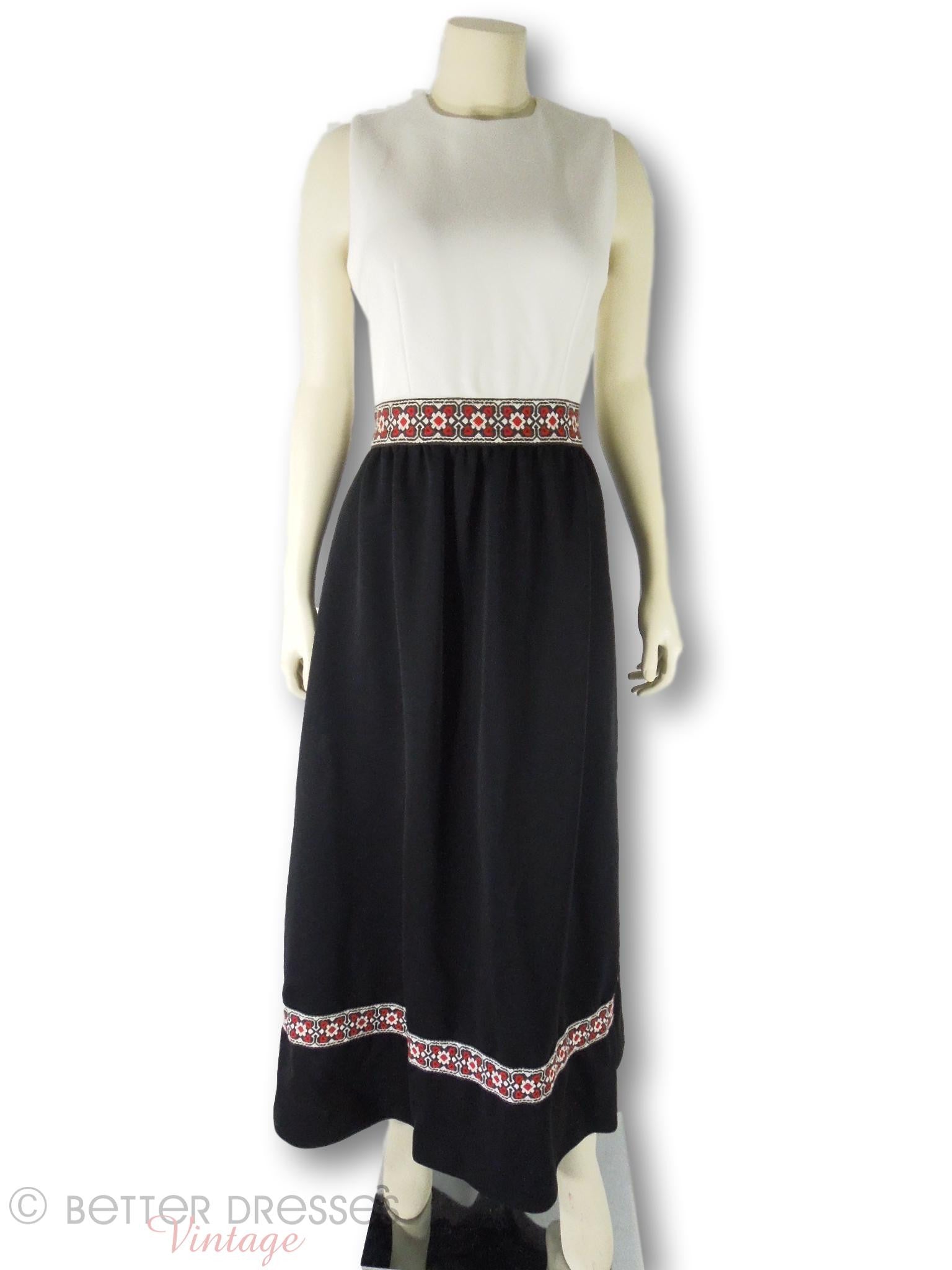 Vintage 60s 70s Maxi Dress. Black, White, Red Ethnic Ribbon